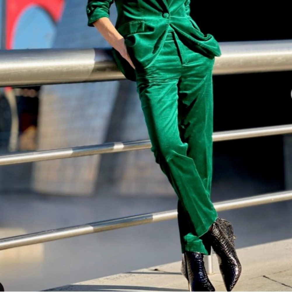 New Zara $89 Green Velvet Mid Rise Pants Trousers 9379/722 XS Extra Small